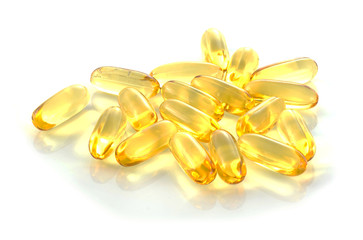 Cod liver oil omega 3 gel capsules isolated on white background