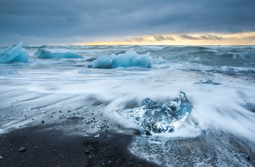 sunrise at Ice beach,  jokulsarlon, Iceland.