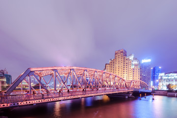 Shanghai Waibaidu bridge panorama at night with colorful light o