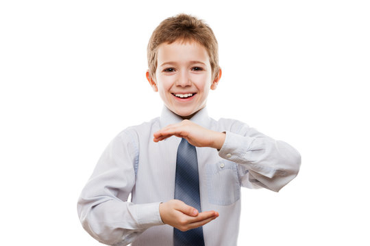 Smiling Child Boy Hand Holding Invisible Sphere Or Globe