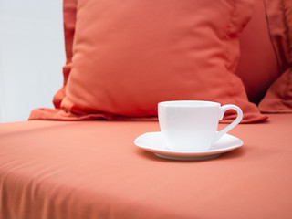 Fototapeta na wymiar Cup of coffee on sofa with Pillow