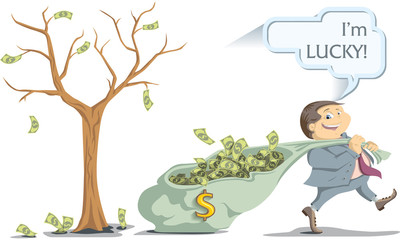 lucky businessman pulling a bag of money from the money tree
