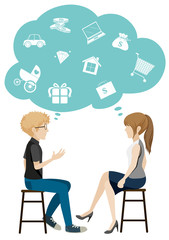 A girl and a boy talking about business