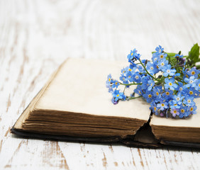Forget-me-nots flowers and old book