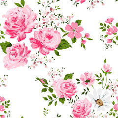 Seamless pattern with pink roses and camomile.