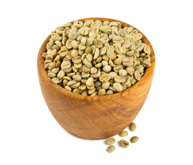 green coffee beans in a wooden bowl
