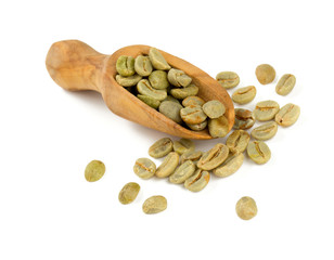 green coffee beans in a wooden scoop