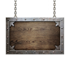 wood medieval sign with metal frame isolated