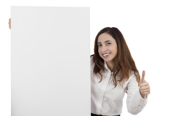 Business woman giving thumbs up and showing a blank poster