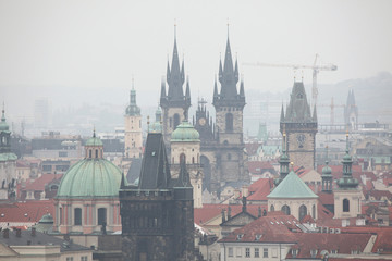Tyn Church and the Old Town Hall in Prague, Czech Republic.