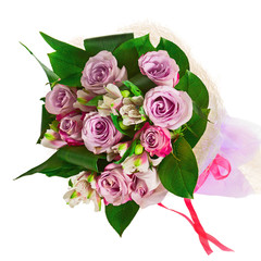 Bouquet from roses, lilies and orchids isolated on white backgro