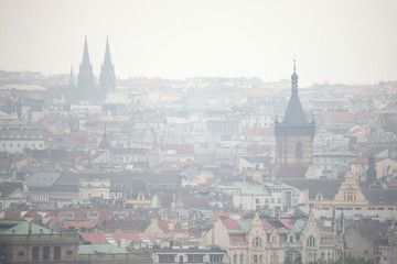 Fototapeta na wymiar New Town Hall and Saint Ludmila Church in Prague, Czech Republic