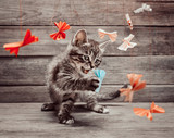 Kitten playing with paper bows