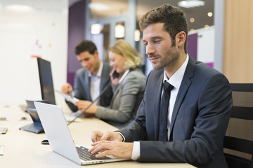 Businessman working on computer in modern office, colleagues in