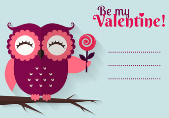 Be My Valentine! Vector greeting card with flat owl.