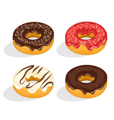Four donuts with glazed isolated on white background