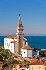Panoramic view of adriatic sea and city of Piran in Istria
