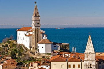 Panoramic view of adriatic sea and city of Piran in Istria