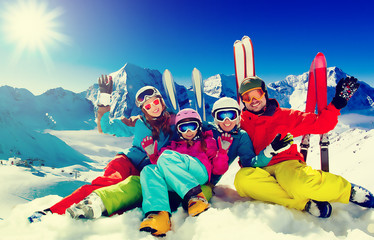 Skiing, winter, snow - family enjoying winter vacation