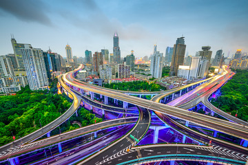 Fototapeta premium Shanghai, China Skyline over Highways and Junctiongs