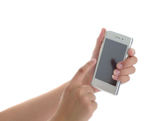 Hand holding and operating a smart phone isolated on white