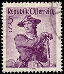 Stamp printed in Austria, shows a woman from Zillertal