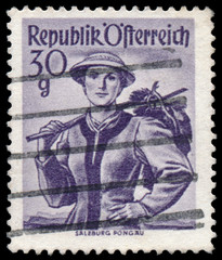 Stamp printed in Austria, shows a woman from Salzburg, Pongau
