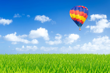 Colorful hot air balloon over green fields