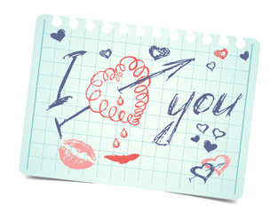 note with text and hearts I love you. Vector valentines card