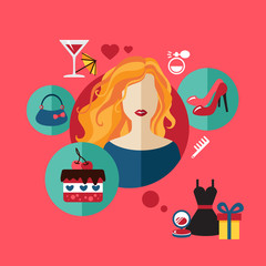 Woman shopping flat icon. Vector set infographic