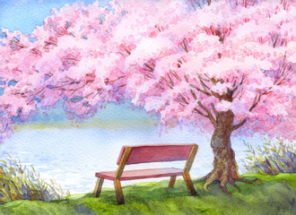 Naklejka premium Watercolor landscape. Bench by river under flowering peach tree