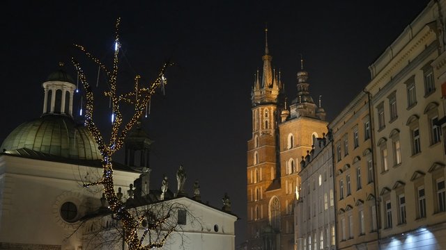 Krakow Market Square in the nighttime, Poland. UHD, 4K