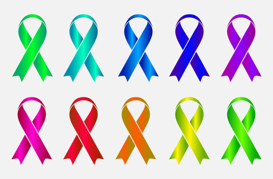 Set of colorful awareness ribbons isolated on white background.