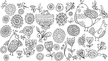 Flower Bird Doodle Vector Illustration Set
