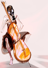 Drawing on paper of woman in gas mask, playing cello