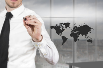 businessman drawing line and worldmap in the air