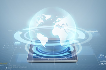 tablet pc computer with globe projection