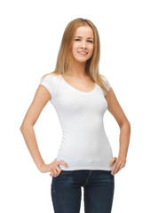 smiling teenage girl in blank white t-shirt