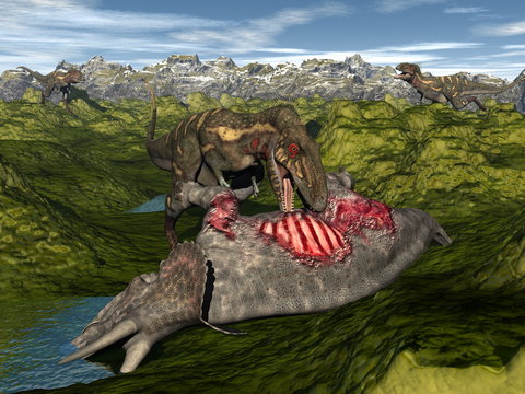 Nanotyrannus eating triceratops dinosaur - 3D render