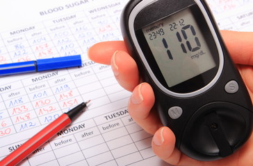 Hand of woman with glucometer and medical form