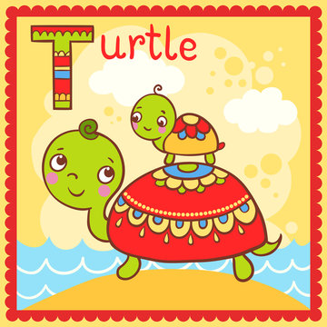 Illustrated alphabet letter T and turtle.