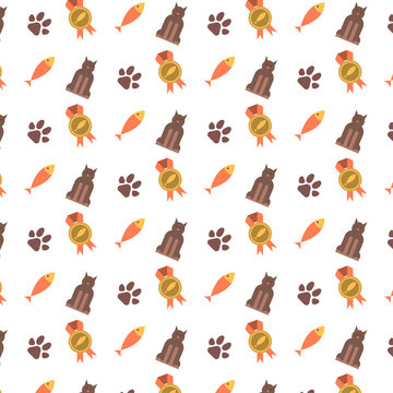 Seamless pattern with cat paws and fish.