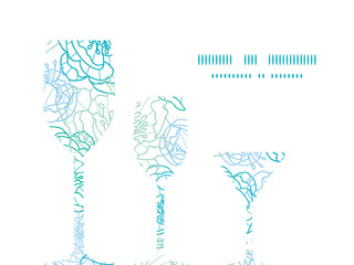 Vector blue line art flowers three wine glasses silhouettes