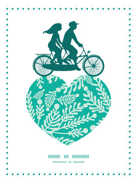 Vector emerald green plants couple on tandem bicycle heart