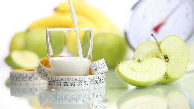 diet food spilled milk glass, fruit Apple meter scales