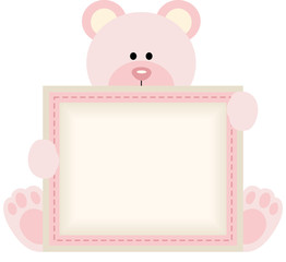 Cute teddy bear holding blank sign for baby girl announcement