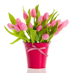 Pink and white tulips in bucket