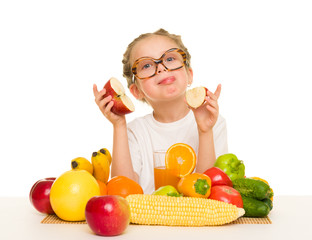 little girl with apple, fruits and vegetables