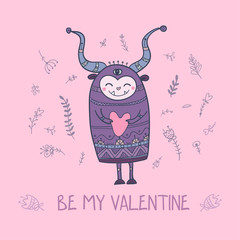 Illustration of monster with heart, be my Valentine