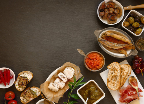 Appetizing Tapas on Table with Copy Space